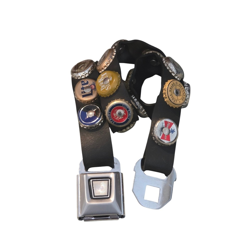 Vintage Upcycled BEER Cap Belt Seatbelt Buckle Black Y2K Retro Styling S/M
